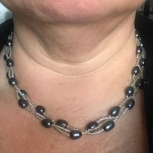 NIB Silver black pearl and clear beaded necklace